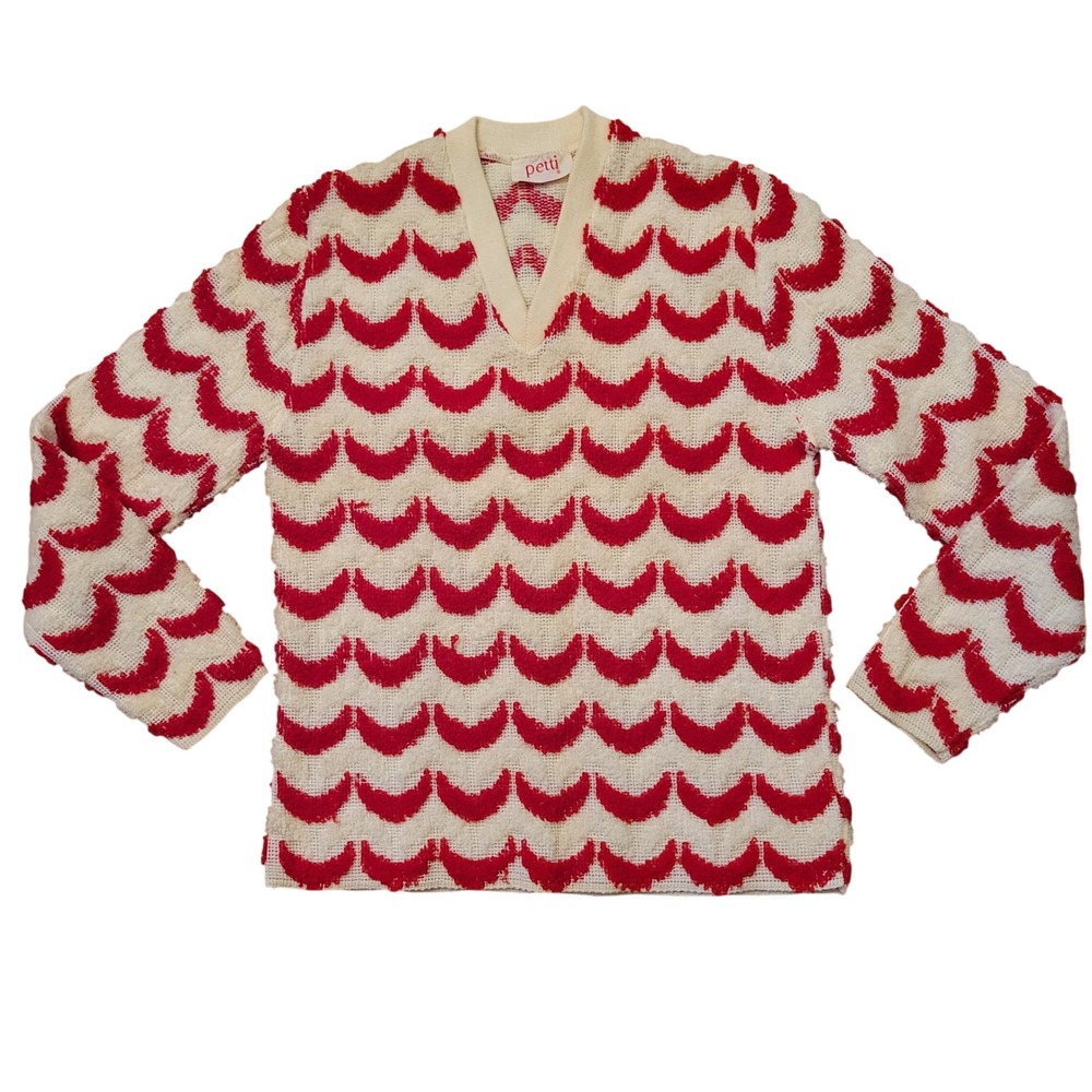 Petti Red‎ Cream Retro Wavy Pattern V Neck Sweater Vintage Cozy Teacher Nerd